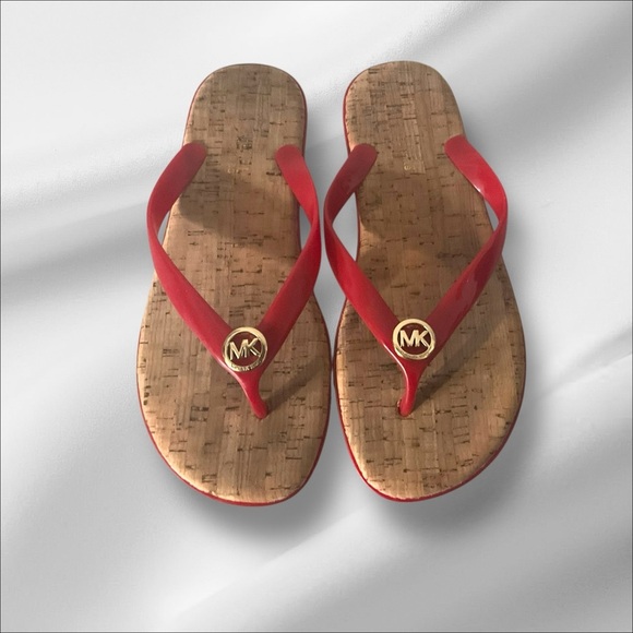 Michael Kors Red Jelly Cork Thong Flip Flops SZ 6 Women Summer Sandal Beach - Picture 6 of 7